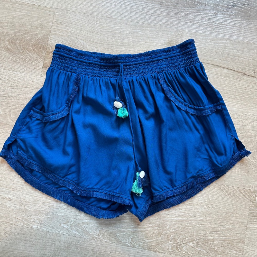 Japna Royal Blue Smocked Pajama Shorts L Coastal Boho Shell Tassel
